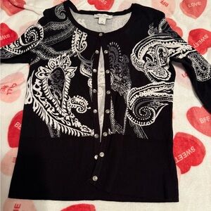 White House Black Market Black and White Paisley Button-Front Cardigan